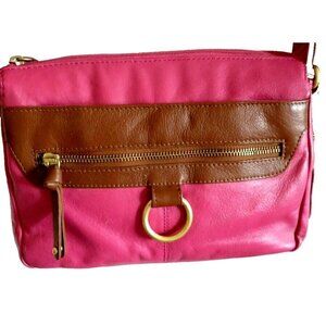 Bright Pink Fushia Leather Crossbody Shoulder Bag Purse Handbag Tan Brown Trim